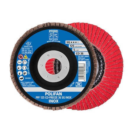 5 X 7/8 A.H. POLIFAN Flap Disc - CO-FREEZE SG INOX, Ceramic Oxide, 36 Grit, Flat 10PK